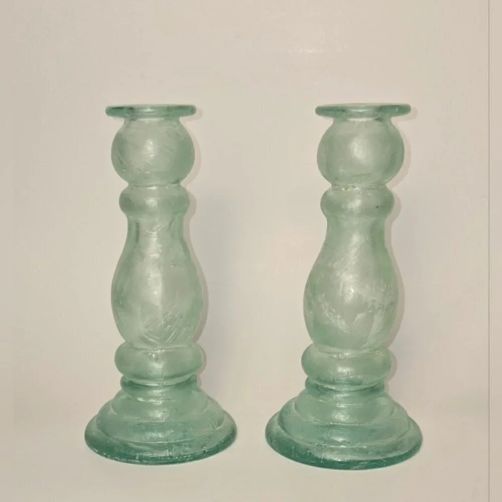 Spanish Recycled Green Glass Candlesticks Set 8” Vintage Style Pair